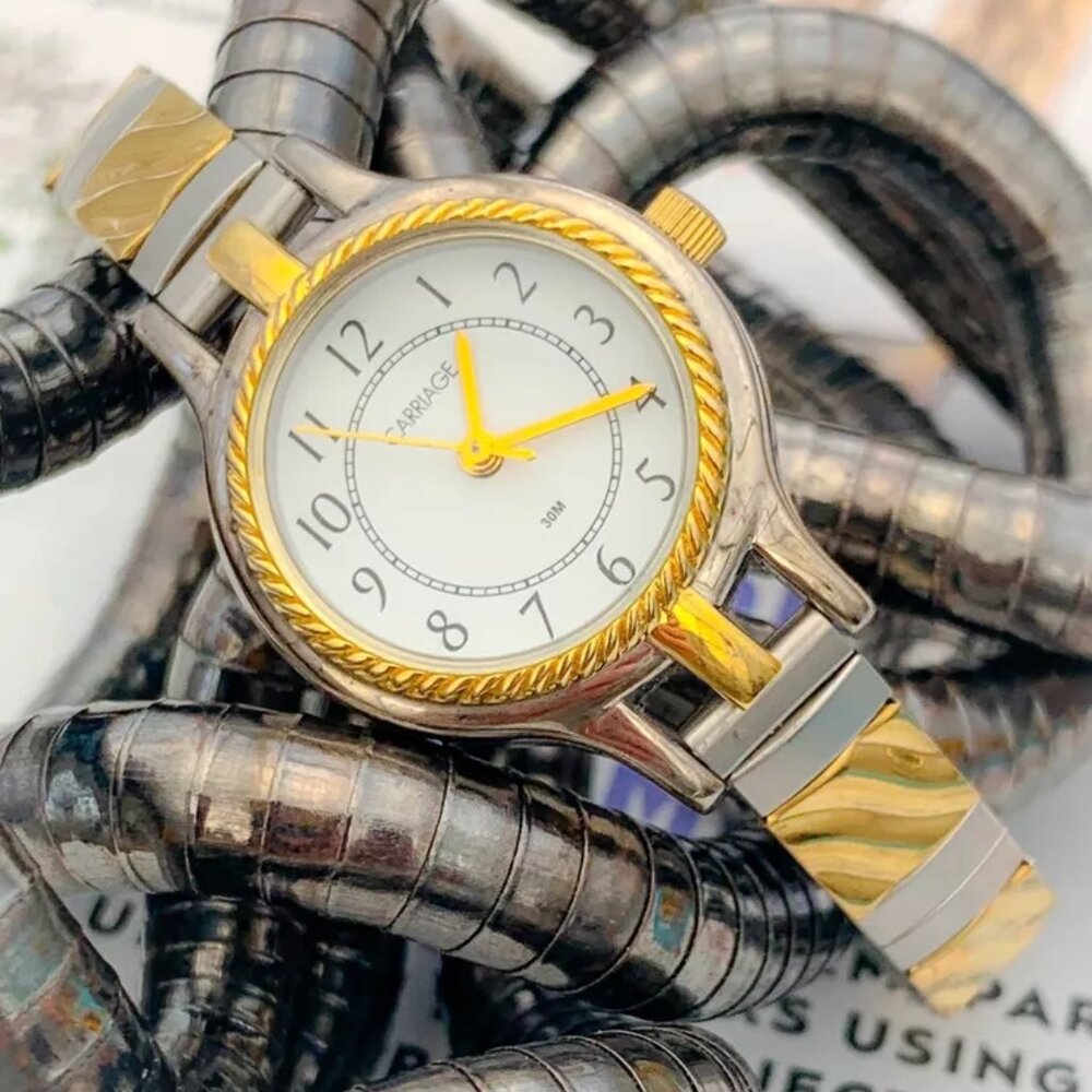 CARRIAGE by TIMEX T6 30M WR Silver/Gold Tone Stretch Band Watch New Battery!